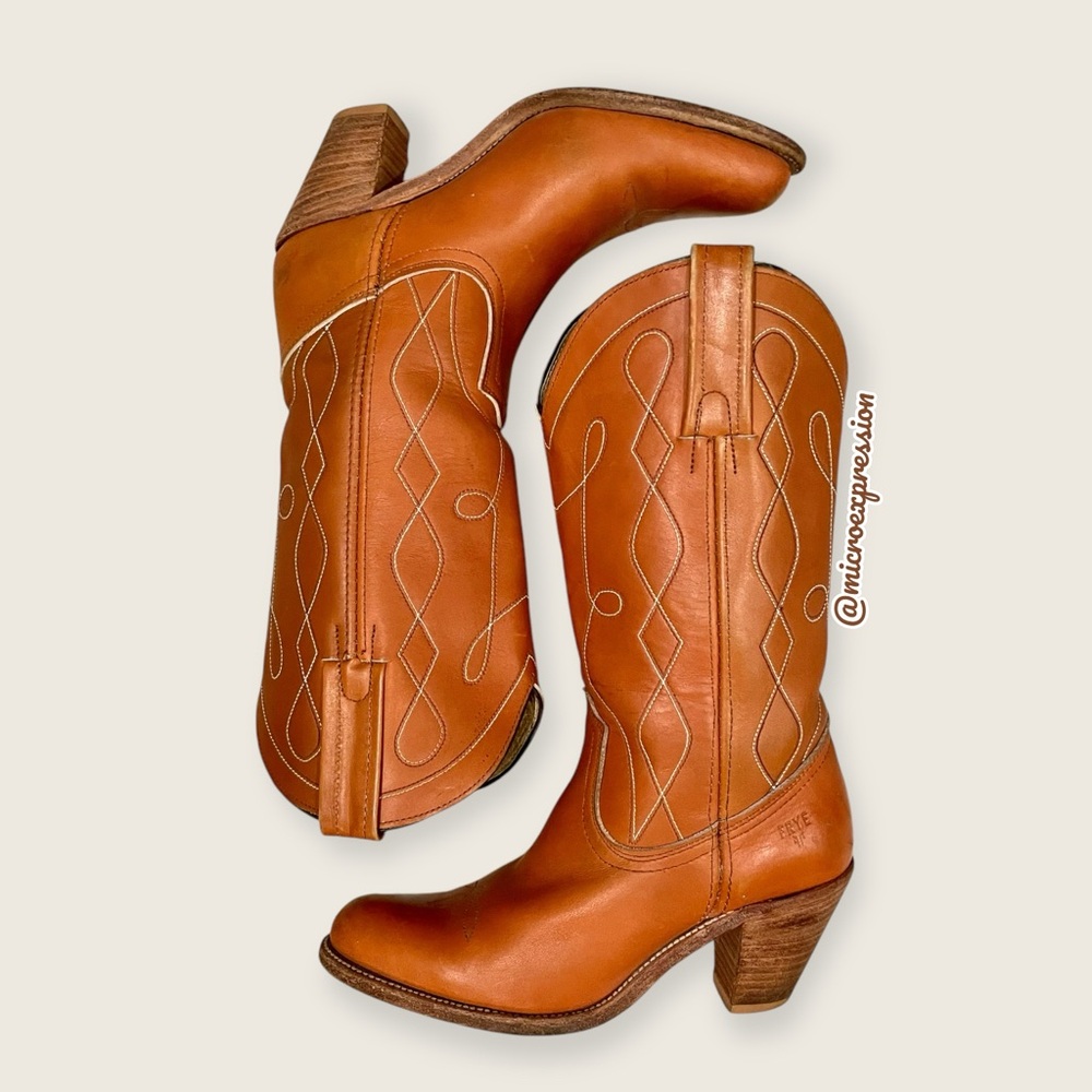 1980 VINTAGE Frye Swirl Stitch Embroidered Cognac Tan Brown Leather Cowboy Boot - Picture 11 of 11